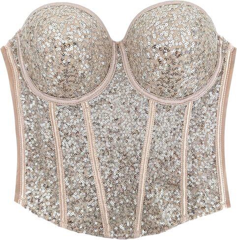 ELLACCI Women's Sexy Sequin Sheer Mesh Bustier Corset Tops Khaki in Saudi Arabia