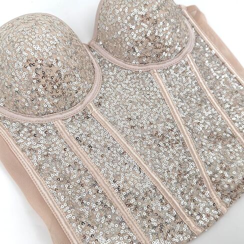ELLACCI Women's Sexy Sequin Sheer Mesh Bustier Corset Tops Khaki in Saudi Arabia