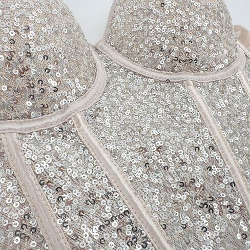 ELLACCI Women's Sexy Sequin Sheer Mesh Bustier Corset Tops Khaki in Saudi Arabia