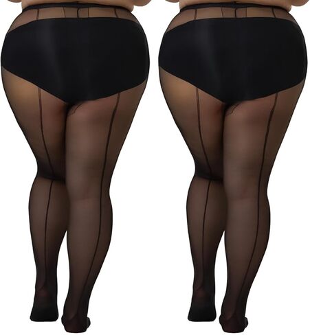 MERYLURE 2 Pack Plus Size Backseam Black Tights for Women, 20D Sheer T-Crotch Pantyhose Sheer To Waist Stockings in Kuwait