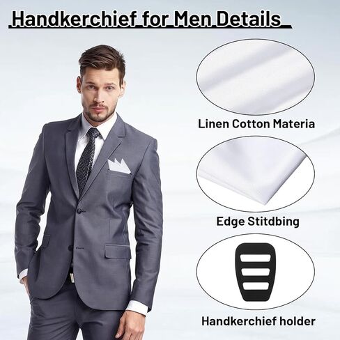 Grevosea White Pocket Square، 9.8 بوصة مناديل رجالي أنيقة وقابلة لإعادة الاستخدام منديل جيب حريري مربع مع حامل لحفلات الزفاف التجارية in Kuwait