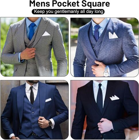 Grevosea White Pocket Square، 9.8 بوصة مناديل رجالي أنيقة وقابلة لإعادة الاستخدام منديل جيب حريري مربع مع حامل لحفلات الزفاف التجارية in Kuwait