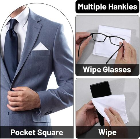 Grevosea White Pocket Square، 9.8 بوصة مناديل رجالي أنيقة وقابلة لإعادة الاستخدام منديل جيب حريري مربع مع حامل لحفلات الزفاف التجارية in Kuwait
