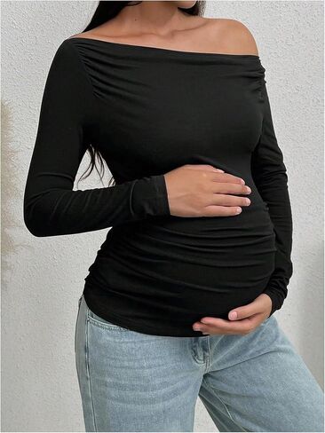 MakeMeChic Women's Off The Shoulder Maternity Tee Shirt Long Sleeve Asymmetrical Neck Ruched Pregnancy Top in Saudi Arabia