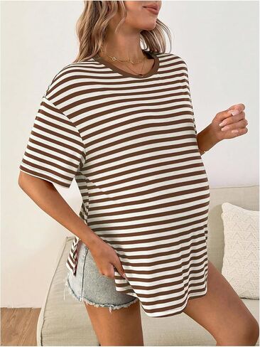 SweatyRocks Women's Maternity Striped Short Sleeve T Shirts Crew Neck Split Side Pregnancy Tops in Saudi Arabia