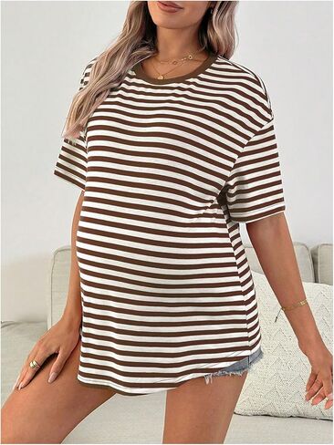 SweatyRocks Women's Maternity Striped Short Sleeve T Shirts Crew Neck Split Side Pregnancy Tops in Saudi Arabia