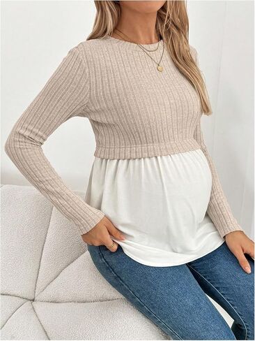 قمصان حمل نسائية بأكمام طويلة من MakeMeChic برقبة دائرية وضلع متماسكة 2 في 1 تي شيرت علوي ملابس حمل للخريف in Kuwait