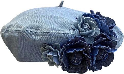 قبعة بيريه من الدنيم الزهرية للنساء على الطراز الفرنسي، قبعة رسام، قبعة صغيرة كاجوال in Kuwait