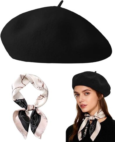 Wool Beret Hats,Solid Color French Women Winter Beanie Cap with Silky Scarf in Saudi Arabia