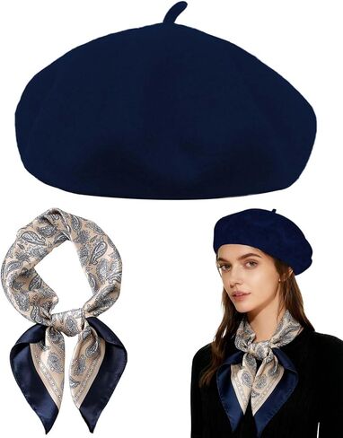 Wool Beret Hats,Solid Color French Women Winter Beanie Cap with Silky Scarf in Saudi Arabia