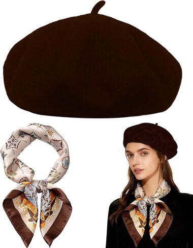 Wool Beret Hats,Solid Color French Women Winter Beanie Cap with Silky Scarf in Saudi Arabia