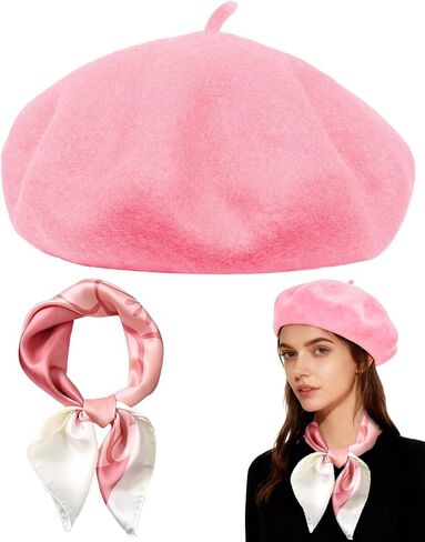 Wool Beret Hats,Solid Color French Women Winter Beanie Cap with Silky Scarf in Saudi Arabia