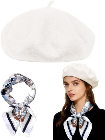 Wool Beret Hats,Solid Color French Women Winter Beanie Cap with Silky Scarf in Saudi Arabia