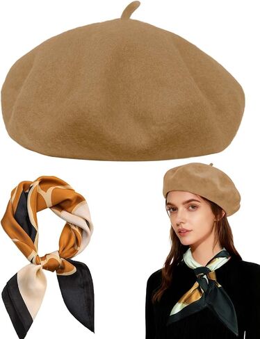 Wool Beret Hats,Solid Color French Women Winter Beanie Cap with Silky Scarf in Saudi Arabia