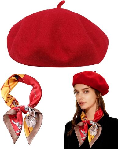 Wool Beret Hats,Solid Color French Women Winter Beanie Cap with Silky Scarf in Saudi Arabia