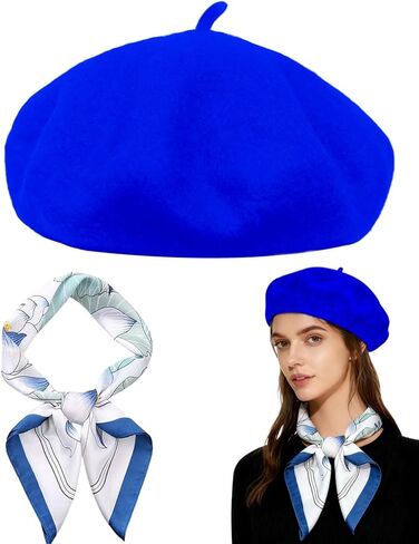 Wool Beret Hats,Solid Color French Women Winter Beanie Cap with Silky Scarf in Saudi Arabia