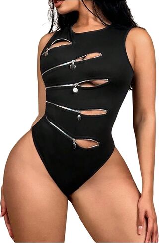 WDIRARA Women's Plus Size Cut Out Zip Front Sleeveless Bodysuit Club Night Out Body Suits in Kuwait