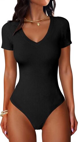 ANRABESS Bodysuits for Women V Neck Short Sleeve Body Suit Tops Slim Fit Ribbed Knit Soft Basic T-Shirts 2026 Summer Outfits in Saudi Arabia