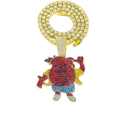 Iced Gold Plated Kool Aid Man Large Cubic Zirconia Pendant & 1 Row Simulated Diamond Tennis & Cuban Chain Hip Hop Jewelry Fashion Necklace in Saudi Arabia