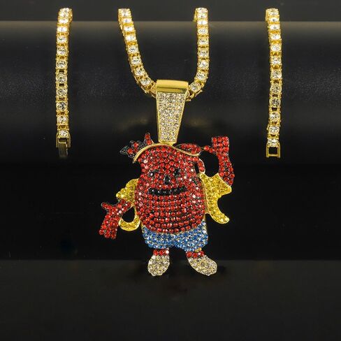 Iced Gold Plated Kool Aid Man Large Cubic Zirconia Pendant & 1 Row Simulated Diamond Tennis & Cuban Chain Hip Hop Jewelry Fashion Necklace in Saudi Arabia