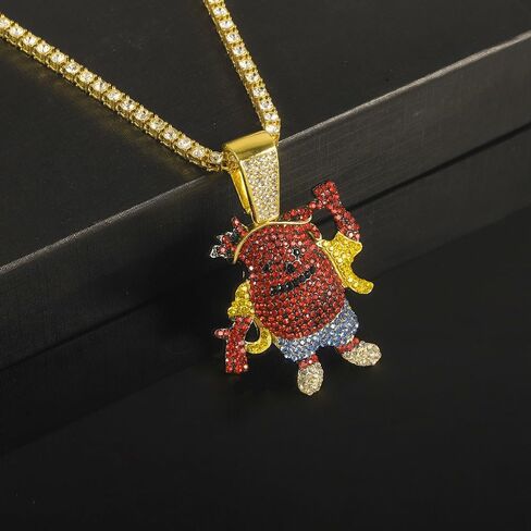 Iced Gold Plated Kool Aid Man Large Cubic Zirconia Pendant & 1 Row Simulated Diamond Tennis & Cuban Chain Hip Hop Jewelry Fashion Necklace in Saudi Arabia