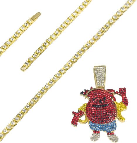 Iced Gold Plated Kool Aid Man Large Cubic Zirconia Pendant & 1 Row Simulated Diamond Tennis & Cuban Chain Hip Hop Jewelry Fashion Necklace in Saudi Arabia