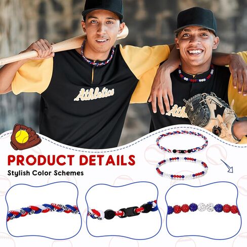 Liliaafar 2 Pcs Baseball Necklaces 18'' Beaded Necklace Chain Three Braided Rope Titanium Accessory Sport Gift Birthday in Saudi Arabia