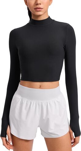 CRZ YOGA Cloudweight Crop Mock Neck Shirts for Women - Workout Athletic Gym Long Sleeve Tops Soft T-Shirt with Thumb Hole in Saudi Arabia