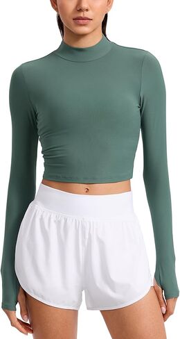 CRZ YOGA Cloudweight Crop Mock Neck Shirts for Women - Workout Athletic Gym Long Sleeve Tops Soft T-Shirt with Thumb Hole in Saudi Arabia