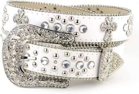 Cross Charm Rhinestone Stud Genuine Leather Belt (Small, White) in Saudi Arabia