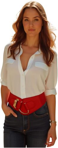 TrendyFashionJewelry حزام خصر مطاطي أحمر للسيدات على الموضة بخصر عالٍ وإبزيم معدني ذهبي مقاس L XL in Kuwait