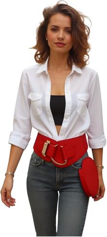 TrendyFashionJewelry حزام خصر مطاطي أحمر للسيدات على الموضة بخصر عالٍ وإبزيم معدني ذهبي مقاس L XL in Kuwait