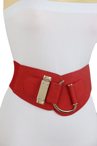 TrendyFashionJewelry حزام خصر مطاطي أحمر للسيدات على الموضة بخصر عالٍ وإبزيم معدني ذهبي مقاس L XL in Kuwait