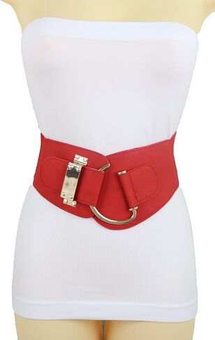TrendyFashionJewelry حزام خصر مطاطي أحمر للسيدات على الموضة بخصر عالٍ وإبزيم معدني ذهبي مقاس L XL in Kuwait