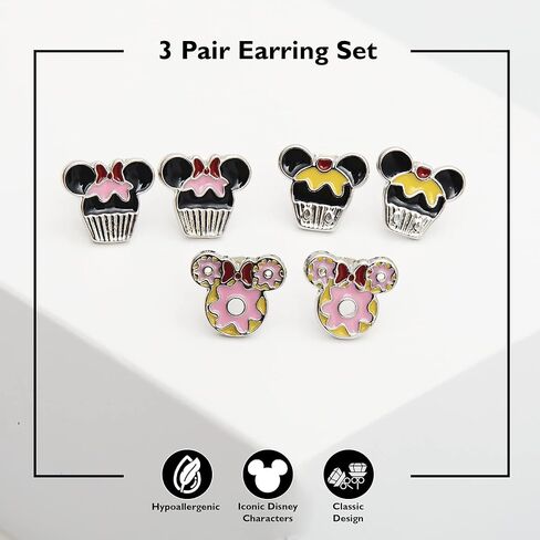 Disney Minnie and Mickey Mouse Earrings 3-Pack Official License, Enamel-Plated Cupcakes and Donuts Stud Earrings in Saudi Arabia