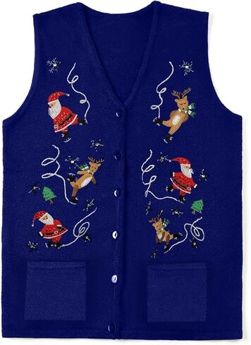 Women Christmas Sweater Vests Snowman Embroidery Sleeveless Button Cardigan Holiday Knit Tank Top Xmas Santa Claus Vest in Saudi Arabia