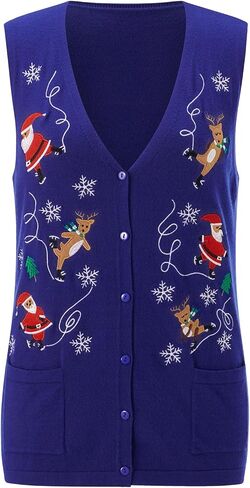 Women Christmas Sweater Vests Snowman Embroidery Sleeveless Button Cardigan Holiday Knit Tank Top Xmas Santa Claus Vest in Saudi Arabia