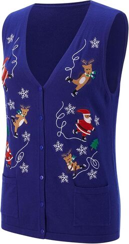 Women Christmas Sweater Vests Snowman Embroidery Sleeveless Button Cardigan Holiday Knit Tank Top Xmas Santa Claus Vest in Saudi Arabia