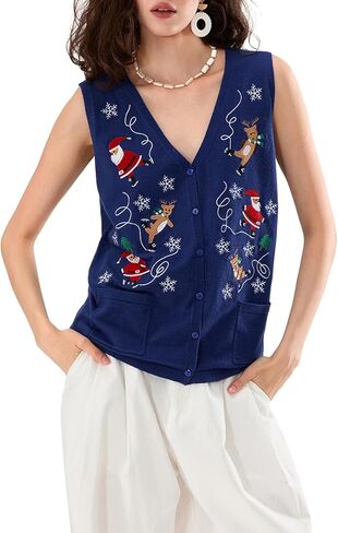 Women Christmas Sweater Vests Snowman Embroidery Sleeveless Button Cardigan Holiday Knit Tank Top Xmas Santa Claus Vest in Saudi Arabia