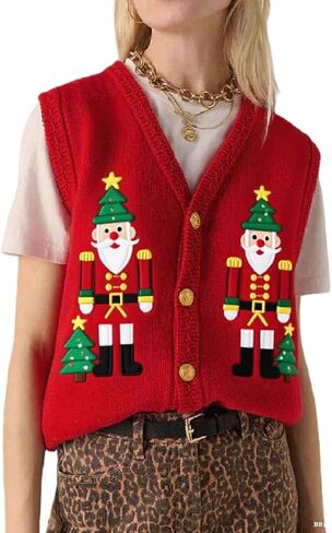 Women Christmas Sweater Vests Snowman Embroidery Sleeveless Button Cardigan Holiday Knit Tank Top Xmas Santa Claus Vest in Saudi Arabia