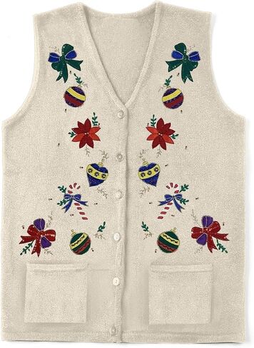 Women Christmas Sweater Vests Snowman Embroidery Sleeveless Button Cardigan Holiday Knit Tank Top Xmas Santa Claus Vest in Saudi Arabia