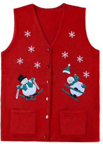 Women Christmas Sweater Vests Snowman Embroidery Sleeveless Button Cardigan Holiday Knit Tank Top Xmas Santa Claus Vest in Saudi Arabia