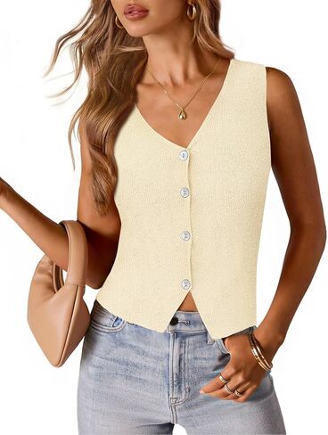 MEROKEETY Women's Sleeveless Sweater Vest 2026 Spring Summer Knit Tank Top Casual V Neck Button Waistcoat Cardigan in Saudi Arabia