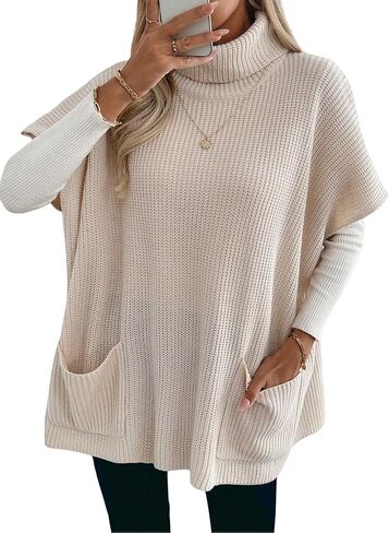 SISKIN Sweater Vest Women 2025, Turtleneck Oversized Loose Short Sleeve Apricot Knit Casual Sweater with Pockets in Saudi Arabia