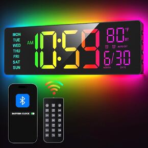 16.5" Large Digital Wall Clock with BT Sync, RGB Lights with 11 Scenes Mode Remote Control, Big LED Clock with Dual Alarms, Auto DST, Temperature for Classroom Gaming in Kuwait