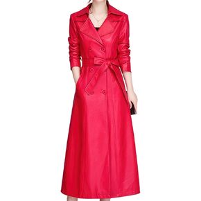 Women's Double Breasted Red Faux Leather Dress Outfit Elegant Office Classy Belted Long Leather Trench Coat in Saudi Arabia