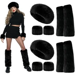 6 Piece Faux Fur Headband Set Ear Warmer Headwrap Furry Wrist Cuff Faux Fur Leg Warmer Winter Accessories for Women(Black,Brown) in Saudi Arabia