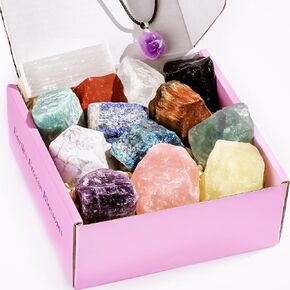 14 قطعة من البلورات وأحجار الشفاء، بلورات شفاء حقيقية، بلورات خام، لوحة شحن سيلينيت، قلادة جمشت، كوارتز وردي in Kuwait