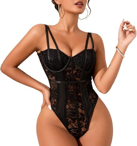 Sexy Lingerie for Woman Lace Bodysuit Snap Crotch One Piece Babydoll Sexy Nightwear in Kuwait