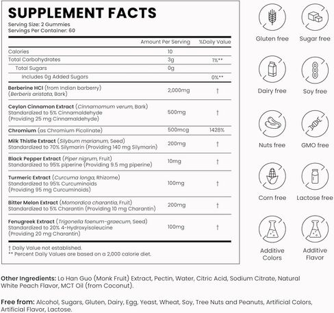 2000 ملغ من مكمل علكات البربرين، حمض الهيدروكلوريك البربارين مع قرفة سيلان، الكروم، شوك الحليب العضوي للنساء والرجال، دعم التمثيل الغذائي، منشط التمثيل الغذائي AMPK، خالي من السكر، نباتي، كمية تكفي 60 يومًا in Kuwait